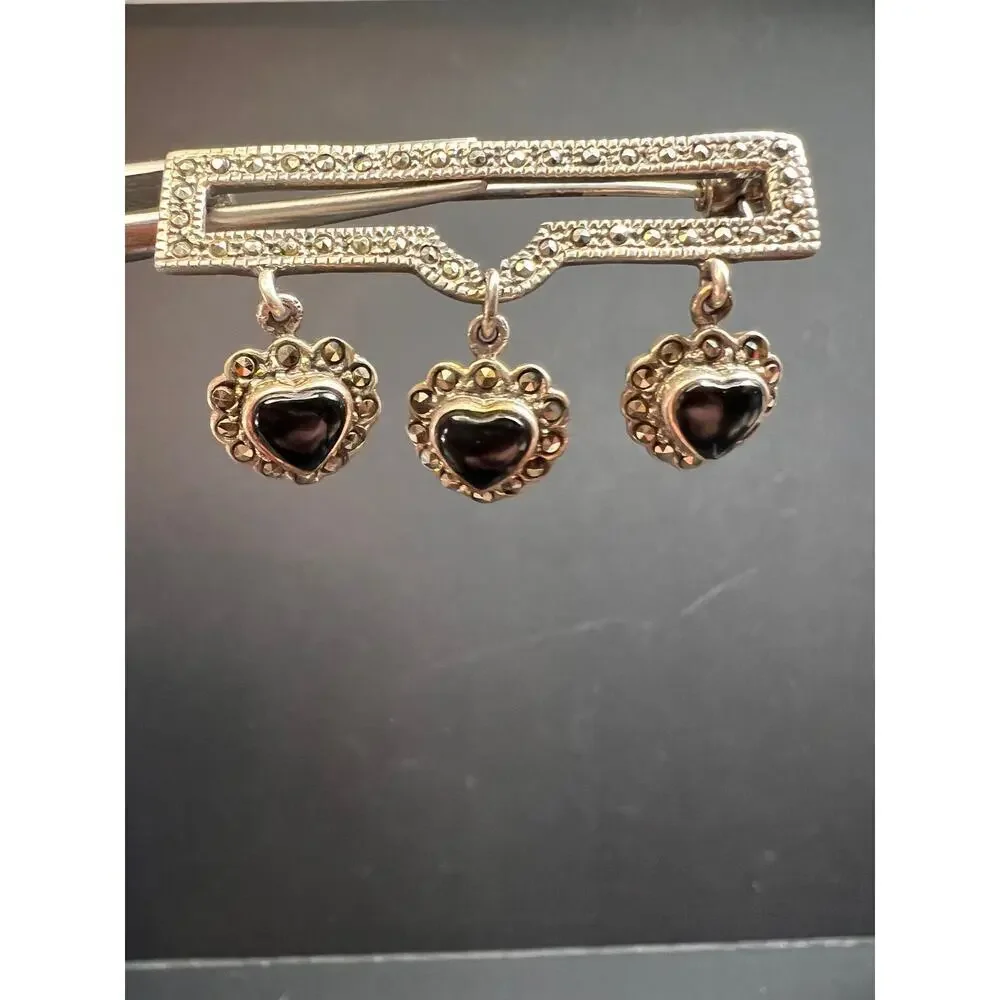 Vintage black onyx hearts and marcasite sterling silver pin brooch - Picture 2 of 11